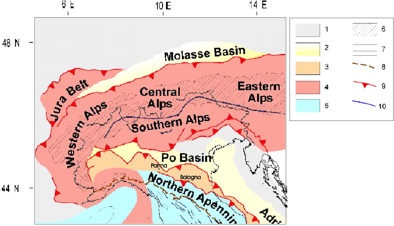 Simplified tectonic map of northern Italy.
