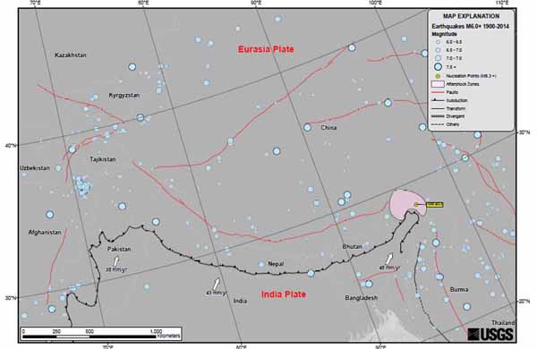 Map of Tectonic Summary Region. M6+ Himalayan region earthquakes, 1900-2014.