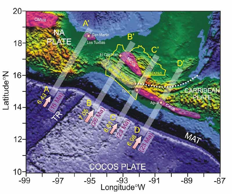 Tectonic setting and position of the four modeled cross-sections active volcanic belts in Mexico and Guatemala
